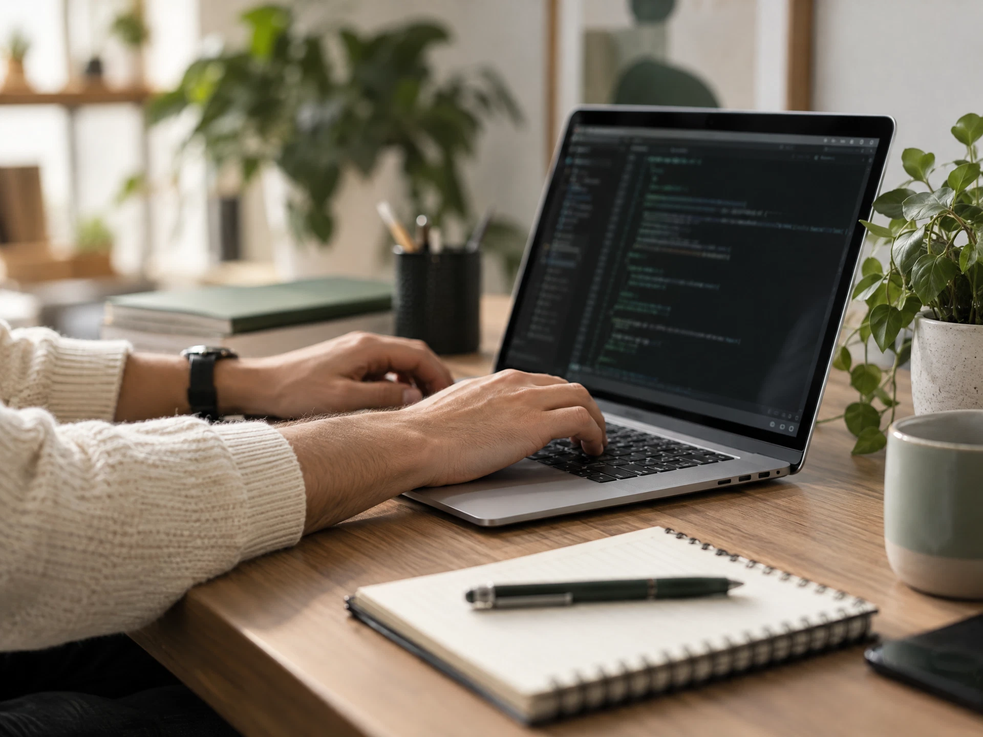 Illustrative close-up of a technology specialist working on a laptop at a desk